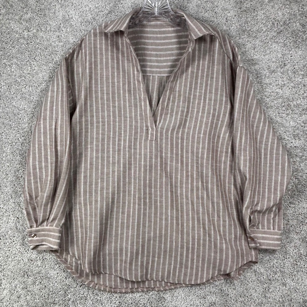 Dazy Womens Medium Taupe White Striped V-Neck Oversized Long Sleeve Blouse Tunic